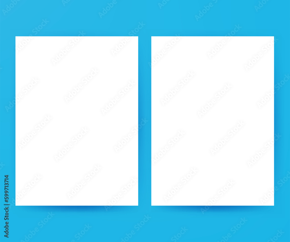 Two White Blank Posters Mockup. Vector Illustration of Paper Sheets over Blue Background with Soft Shadows. Two White Blank Posters Mockup. Vector Illustration of Paper Sheets over Blue Background with Soft Shadows.