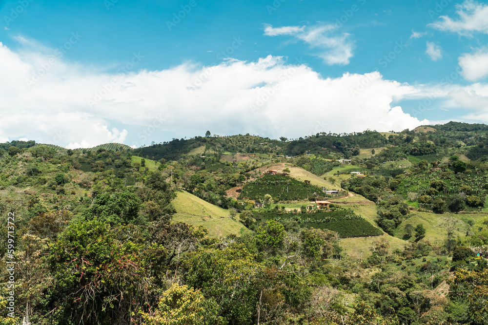 Natural and rural landscape of Jerico, Antioquia with mountains and blue sky. Colombia.