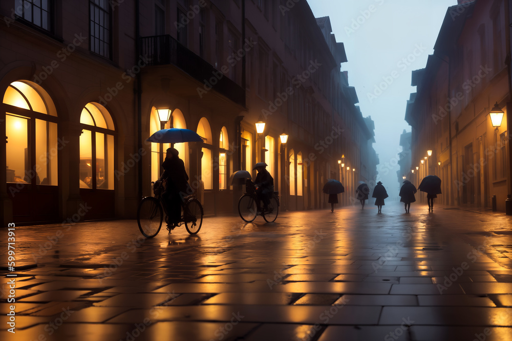 Evening streets of the old town with bright orange lanterns reflecting off the wet cobblestones in the rain with fog and silhouettes of crowds of people with umbrellas and on bicycles. Generative AI.