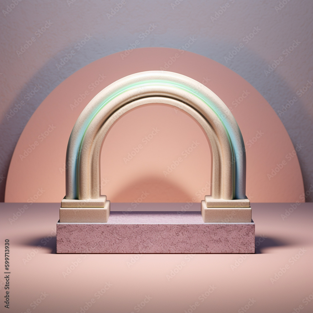 Neon Pastel Arched Podium Product Display with Soft Glow and Metallic Sheen - Generative AI Neon Pastel Arched Podium Product Display with Soft Glow and Metallic Sheen - Generative AI