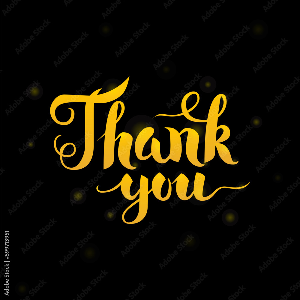 Thank You Gold Lettering over Black. Vector Illustration of Calligraphy with Golden Decoration.