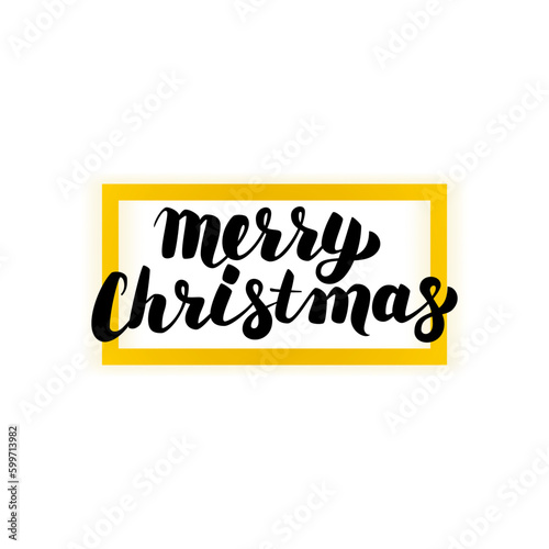 Merry Christmas Greeting Card. Vector Illustration of Black Calligraphy with Golden Frame Decoration. © Designpics