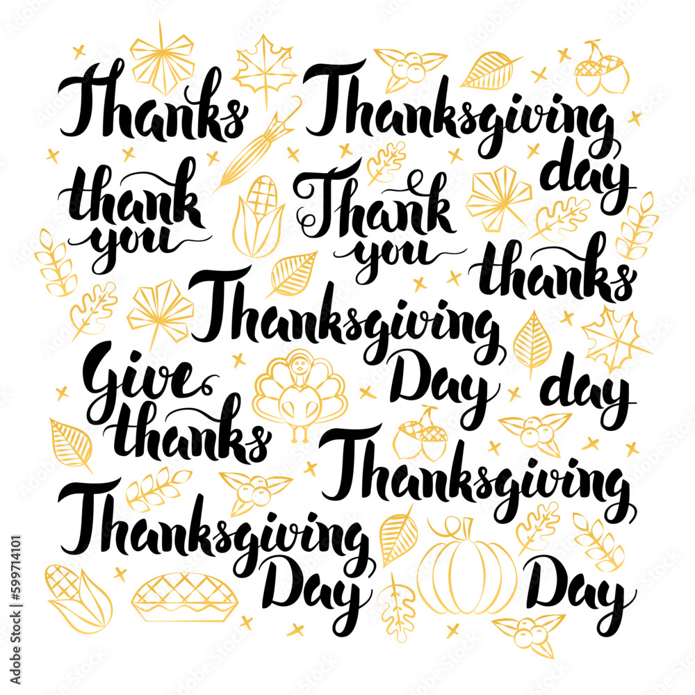 Thanksgiving Day Lettering Design Set. Vector Illustration of Thank You Calligraphy over White.