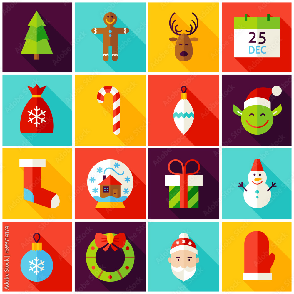 Fototapeta premium Happy New Year Colorful Icons. Vector Illustration. Winter Holiday. Collection of Square Symbols with Long Shadow.