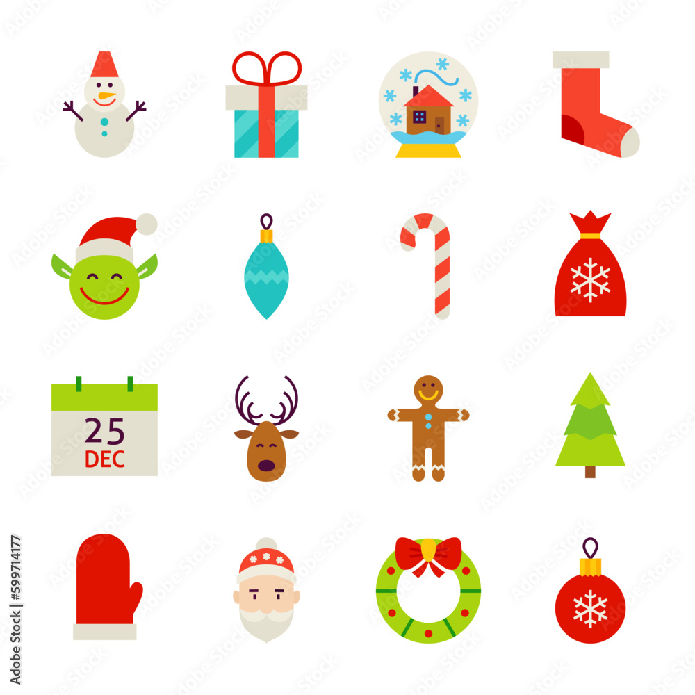 Happy New Year Objects. Vector Illustration. Winter Holiday. Collection of Symbols isolated over White.