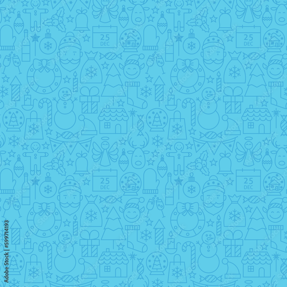 Line Christmas Blue Seamless Pattern. Vector Winter Tile Background in Modern Outline Style. Happy New Year.