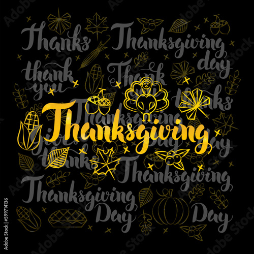 Thanksgiving Gold Lettering over Black Design. Vector Illustration of Thank You Calligraphy with Decoration.