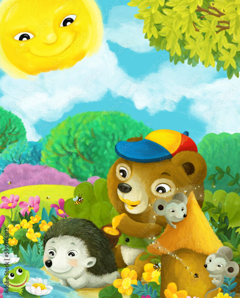 Naklejka premium cartoon scene forest animals friends fishing illustration