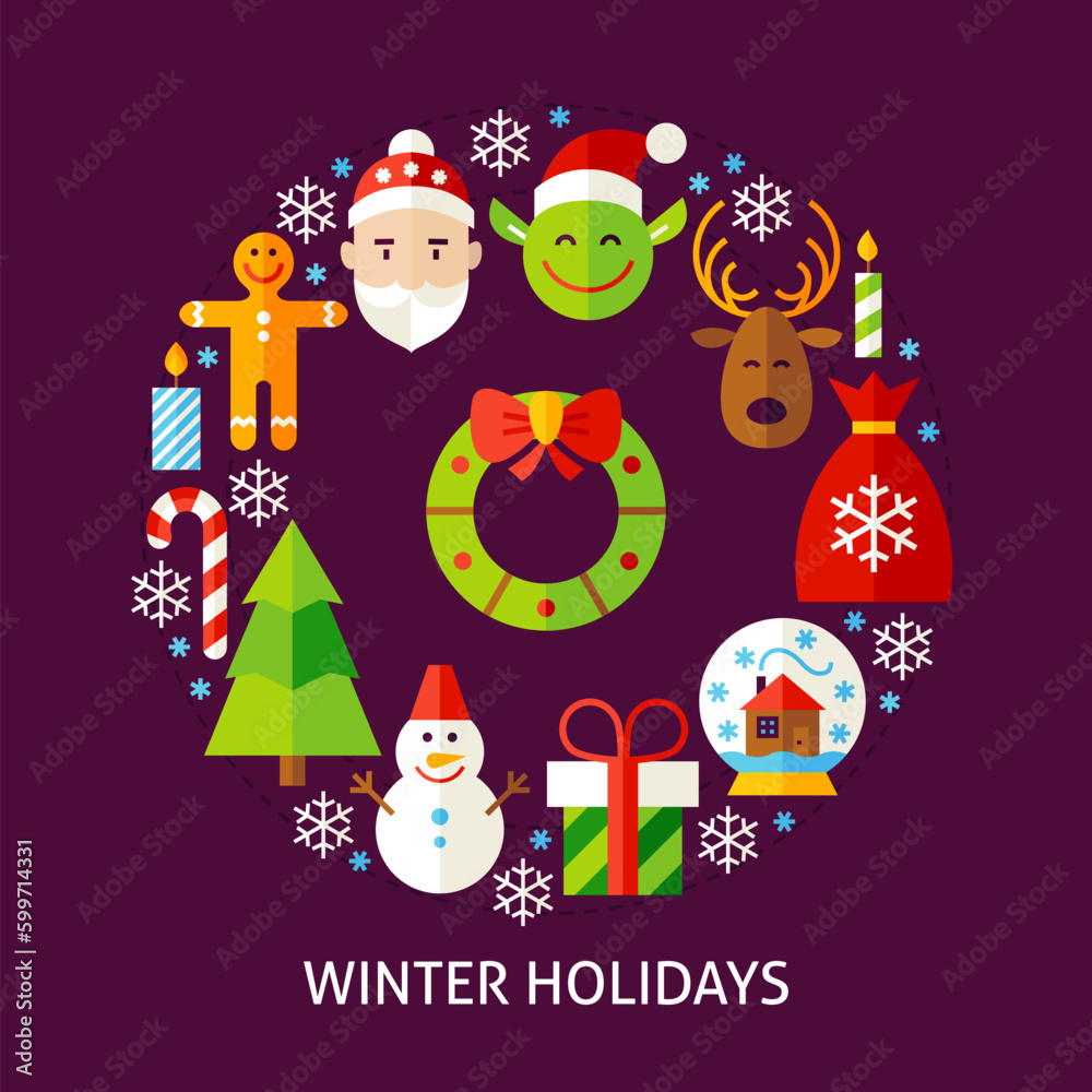 Winter Holidays Postcard. Flat Poster Design Vector Illustration. Collection of Merry Christmas Objects.