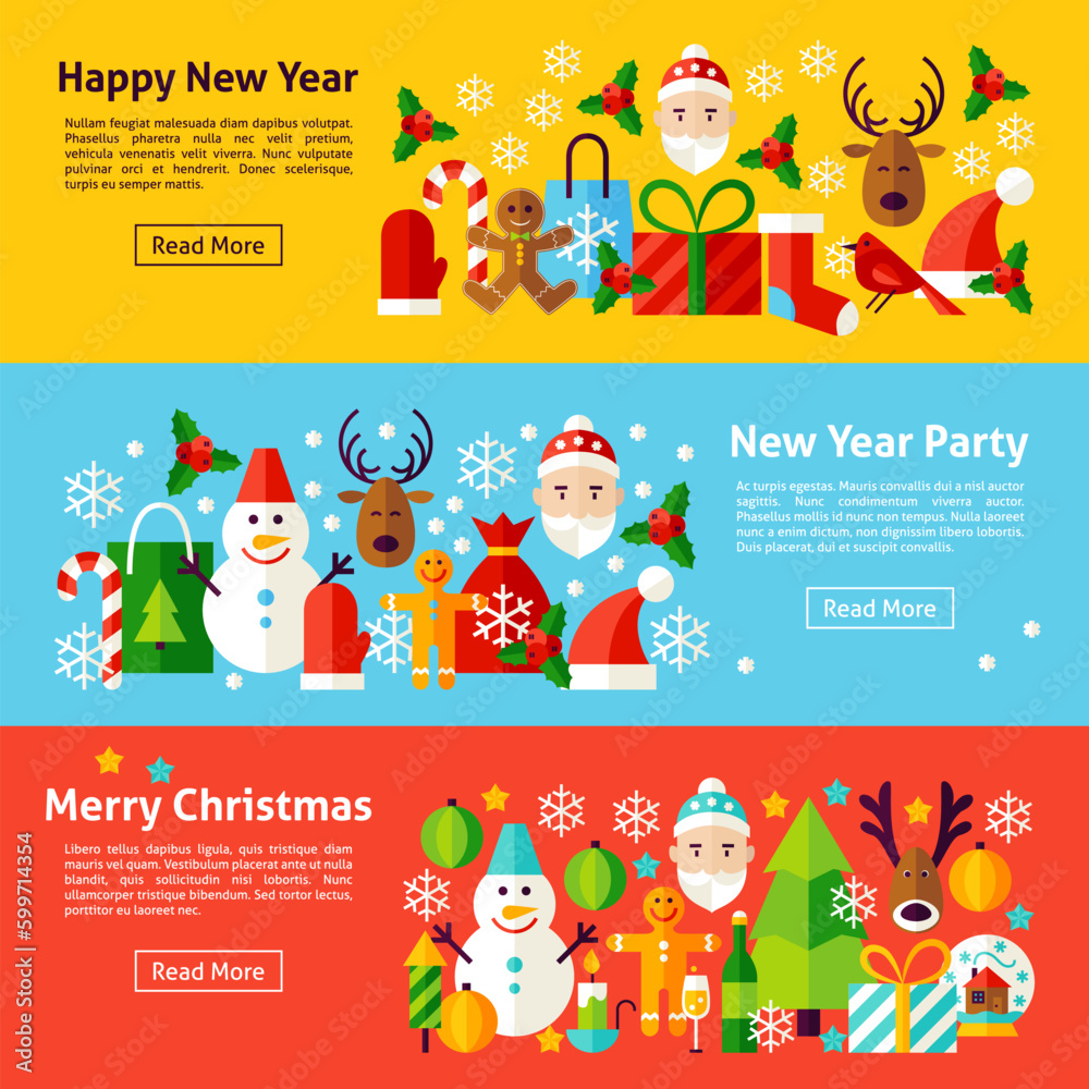 New Year Web Horizontal Banners. Flat Style Vector Illustration for Website Header. Merry Christmas Objects.