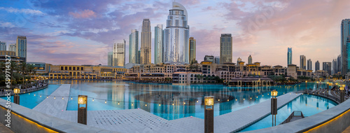 Photography UAE, Dubai panoramic view of city downtown, Dubai Mall and Dubai Fountain