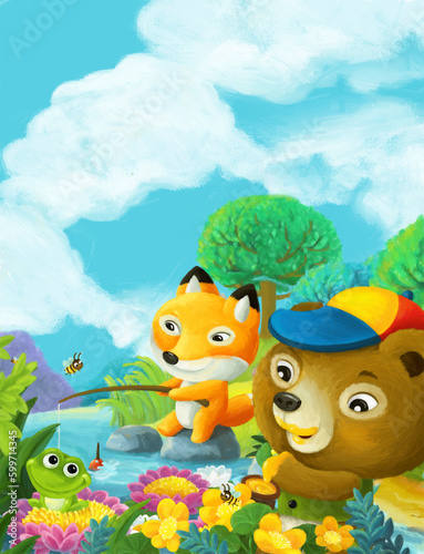 cartoon scene forest animals friends fishing illustration photo