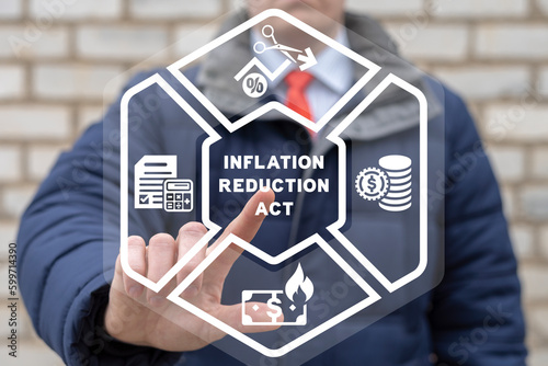 Man using virtual touch screen presses inscription: INFLATION REDUCTION ACT. Concept of inflation reduction act. photo