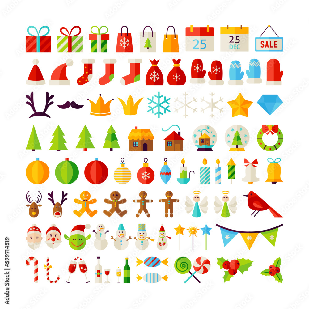 Big Set Merry Christmas Objects. Flat Design Vector Illustration. Happy New Year Colorful Items. Big Set Merry Christmas Objects. Flat Design Vector Illustration. Happy New Year Colorful Items.