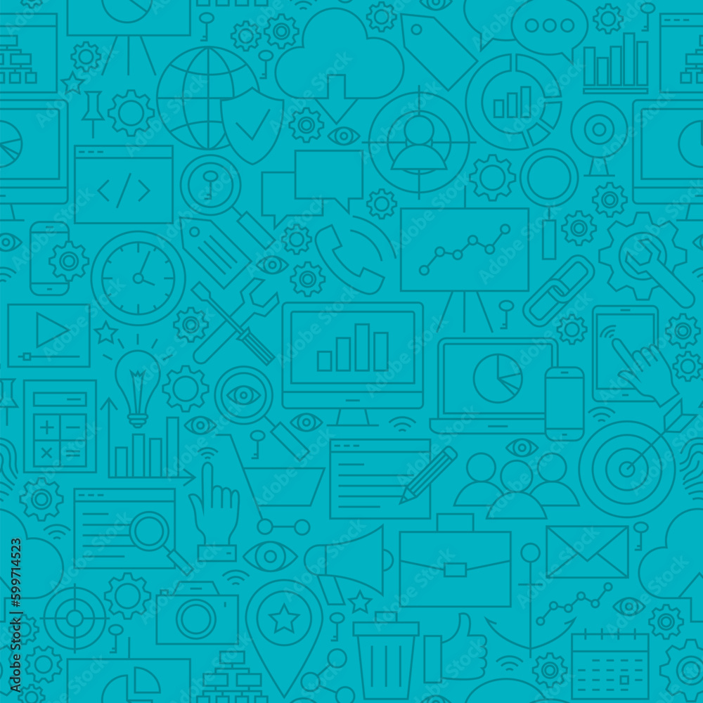 Blue SEO Line Tile Pattern. Vector Illustration of Outline Seamless Background. Web Development.