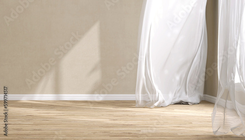 Beautiful sunlight, blowing white sheer curtain from open window on blank beige brown wall, wood parquet floor for interior design decoration, air flow ventilation home product background 3D