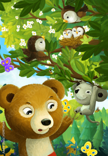 cartoon scene forest animal mouse bear illustration