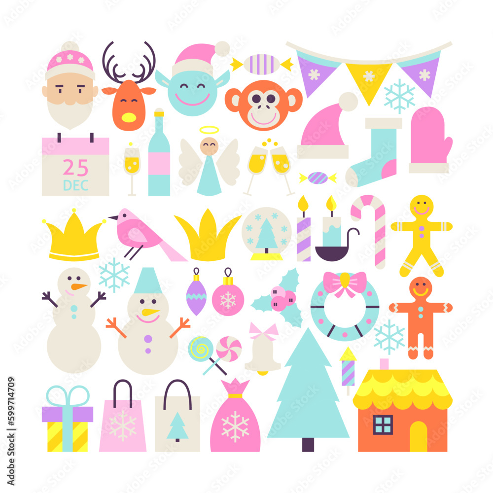 Merry Christmas Cute Objects. Flat Design Vector Illustration. Happy New Year Colorful Items.
