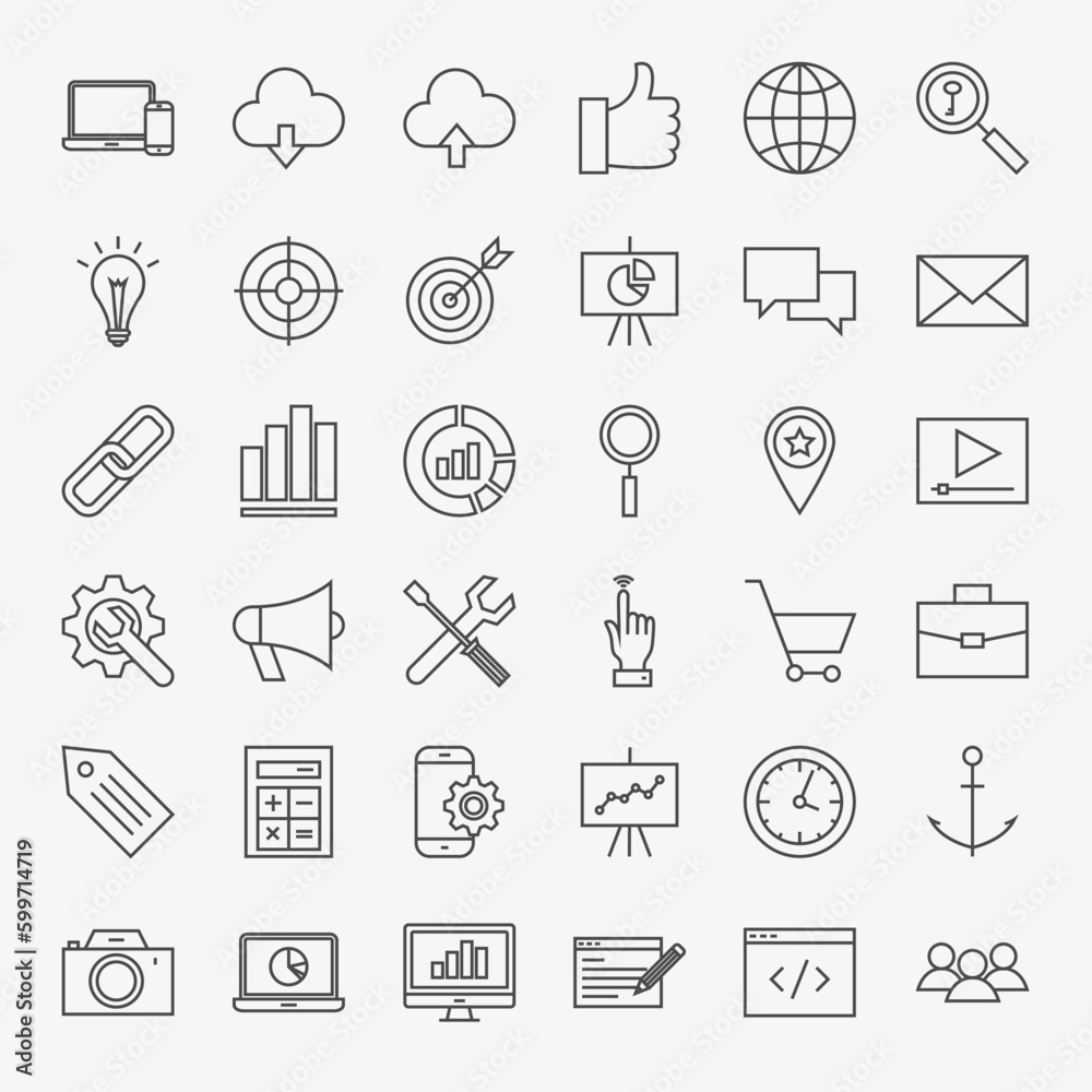 SEO Line Icons Set. Vector Collection of Modern Thin Outline Web Development Symbols.