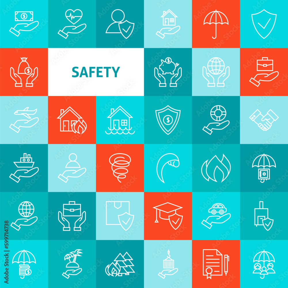 Vector Line Safety Icons Set. Thin Outline Business Items over Colorful Squares.
