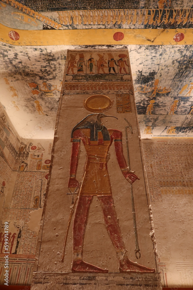 Mural paintings in Ramses V and Ramses VI tomb (KV9) in valley of the kings in Luxor in Egypt