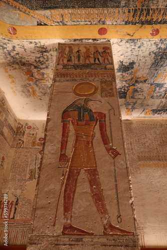 Mural paintings in Ramses V and Ramses VI tomb (KV9) in valley of the kings in Luxor in Egypt