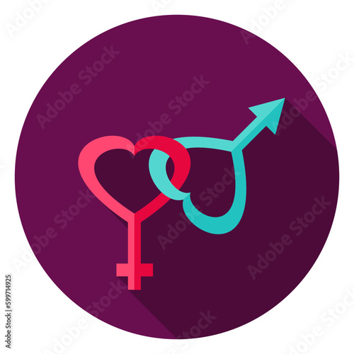 Gender Circle Icon. Flat Design Vector Illustration with Long Shadow. Happy Valentine Day Symbol.