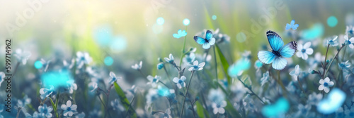 Blue tiny flowers on spring blooming meadow with flying butterflies, banner of a fresh blooming forget,me,not in the sunshine spring flower nature background, generative ai © Ash