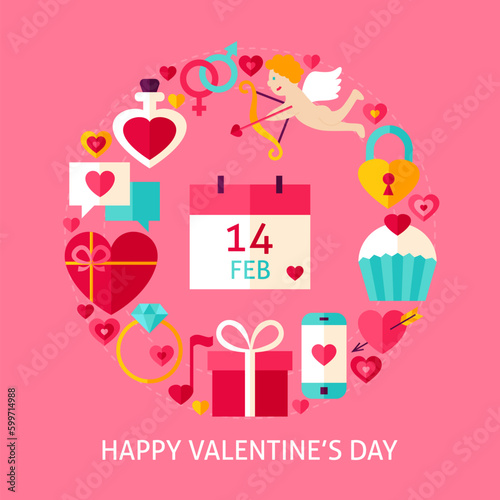 Happy Valentines Day Flat Concept. Poster Design Vector Illustration. Collection of Love Holiday Objects.