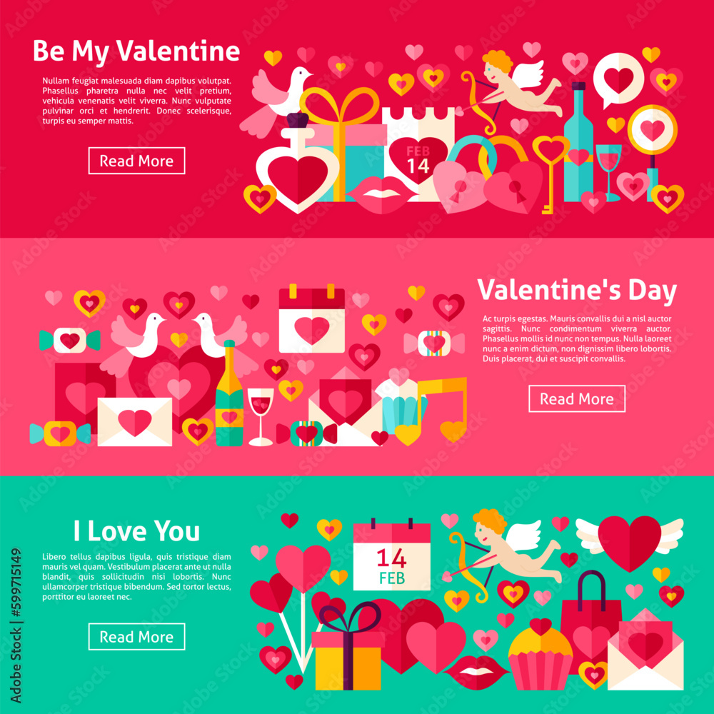 Happy Valentine Day Web Banners. Flat Style Vector Illustration for Website Header. Love Objects.
