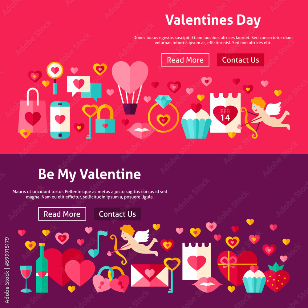 Fototapeta premium Happy Valentines Day Website Banners. Vector Illustration for Web Header. Love Modern Flat Design.
