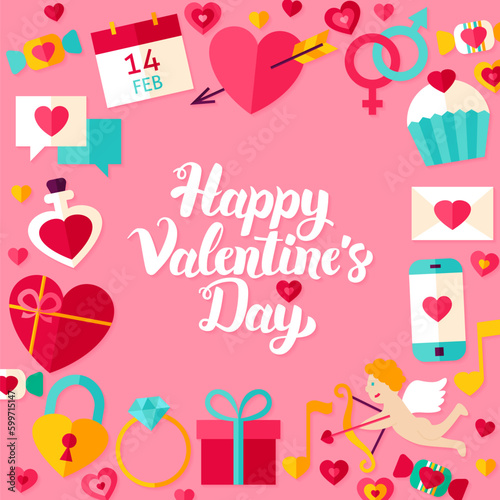 Happy Valentine Day Lettering Postcard. Vector Illustration of Modern Calligraphy Love Holiday Concept.