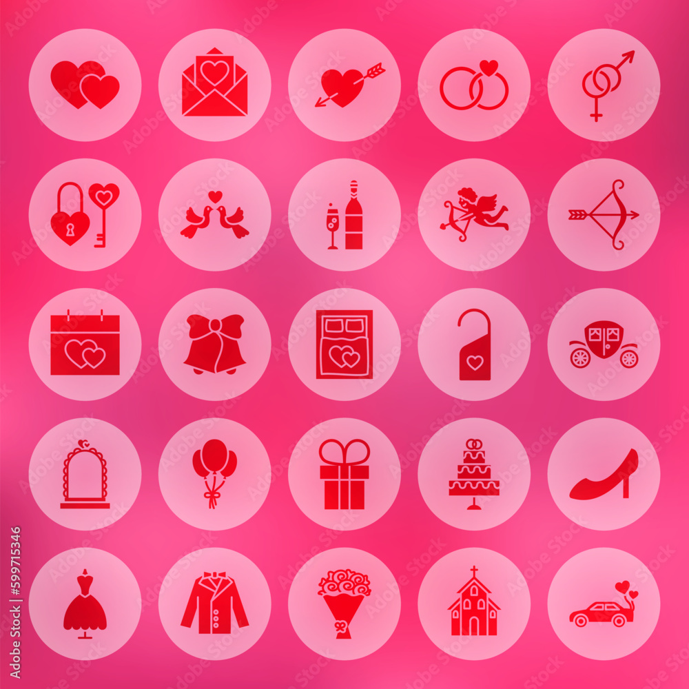 Solid Circle Love Icons. Vector Illustration of Wedding Glyphs over Blurred Background. Solid Circle Love Icons. Vector Illustration of Wedding Glyphs over Blurred Background.