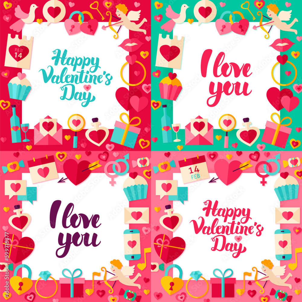Valentines Day Paper Templates. Vector Illustration Flat Style Love Greetings Concept with Lettering. Valentines Day Paper Templates. Vector Illustration Flat Style Love Greetings Concept with Lettering.