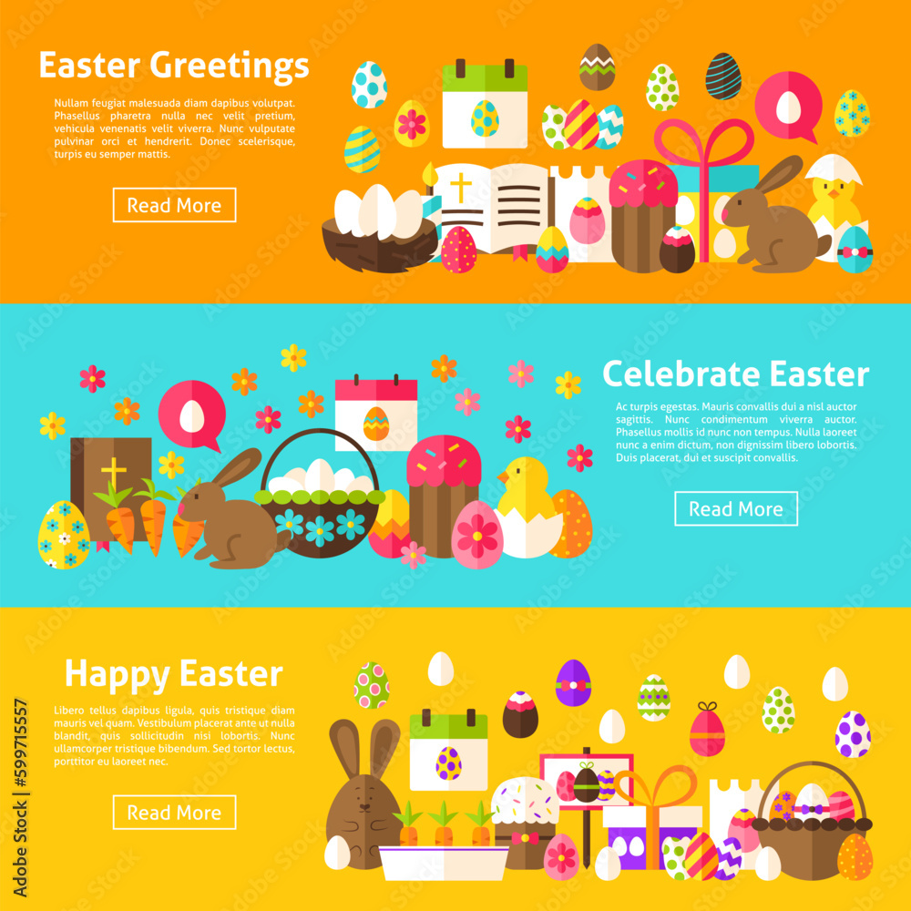 Fototapeta premium Easter Holiday Web Banners. Flat Style Vector Illustration for Website Header. Spring Objects.