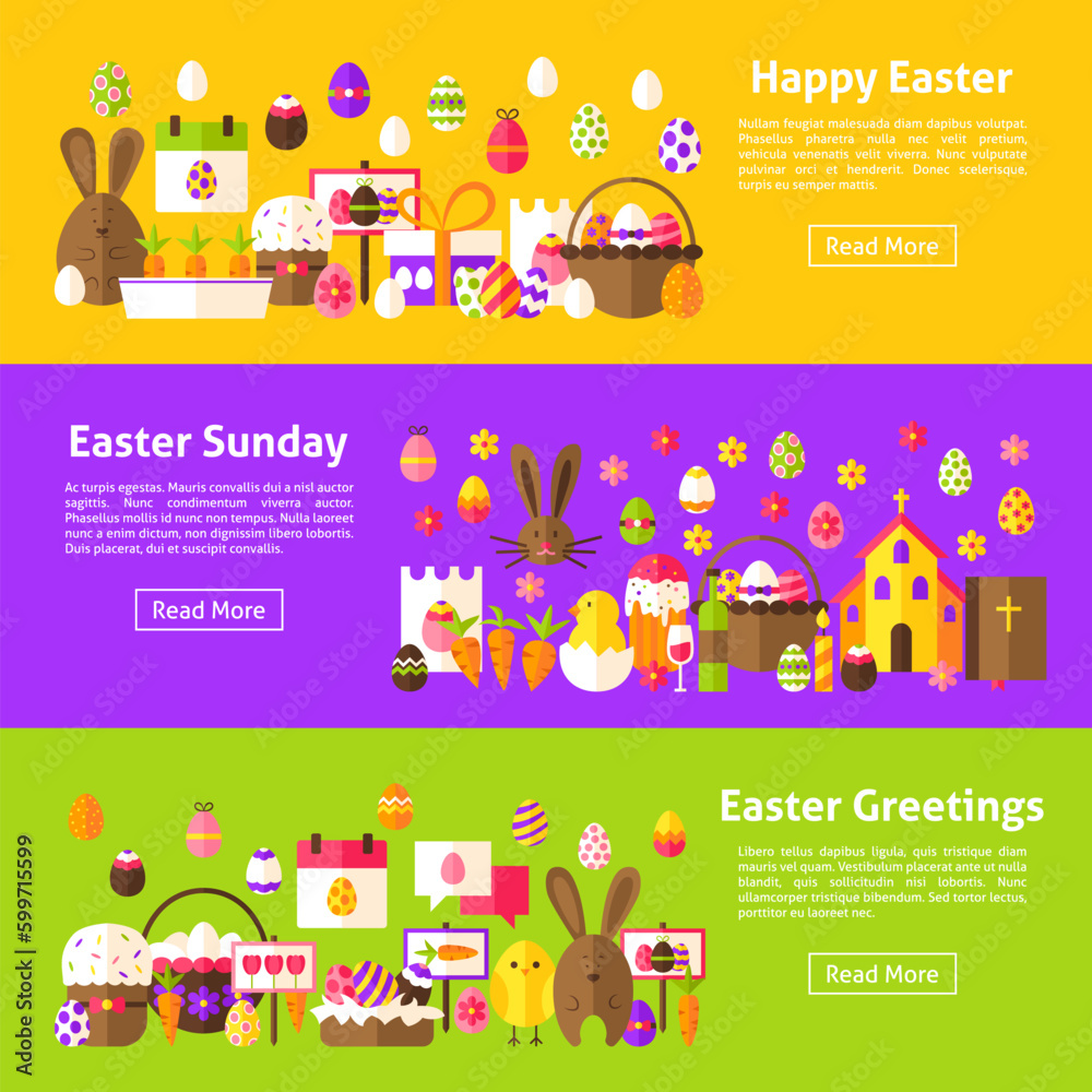 Happy Easter Web Horizontal Banners. Flat Style Vector Illustration for Website Header. Spring Holiday Objects.