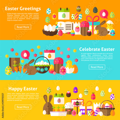 Easter Holiday Web Banners. Flat Style Vector Illustration for Website Header. Spring Objects.