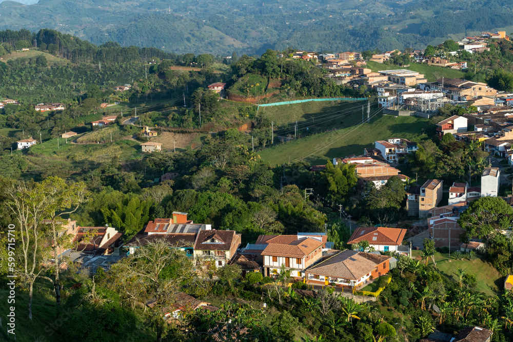 Panoramic landscape of Jericho with a view of all the houses. Jerico, Antioquia, Colombia. 