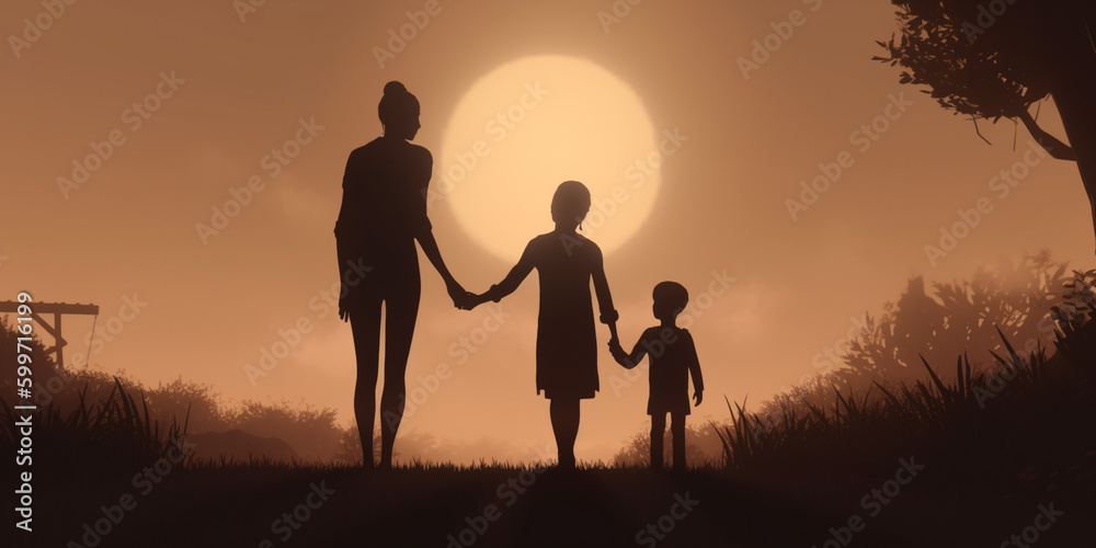Silhouettes Mom with son and daughter at sunset hold hands. children's day, generativ ai