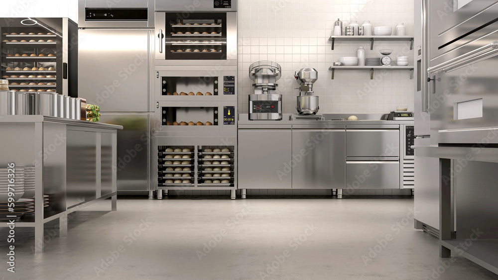 New, clean resin vinyl floor in commercial, professional bakery kitchen and stainless steel convection, deck oven, freezer, refrigerator, kneading machine, table, cabinet, bread, bun for background 3D New, clean resin vinyl floor in commercial, professional bakery kitchen and stainless steel convection, deck oven, freezer, refrigerator, kneading machine, table, cabinet, bread, bun for background 3D