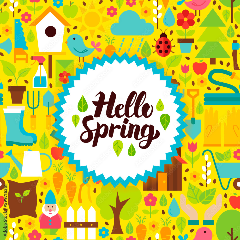 Flat Hello Spring Postcard. Vector Illustration Nature Garden Poster with Handwritten Lettering. Flat Hello Spring Postcard. Vector Illustration Nature Garden Poster with Handwritten Lettering.