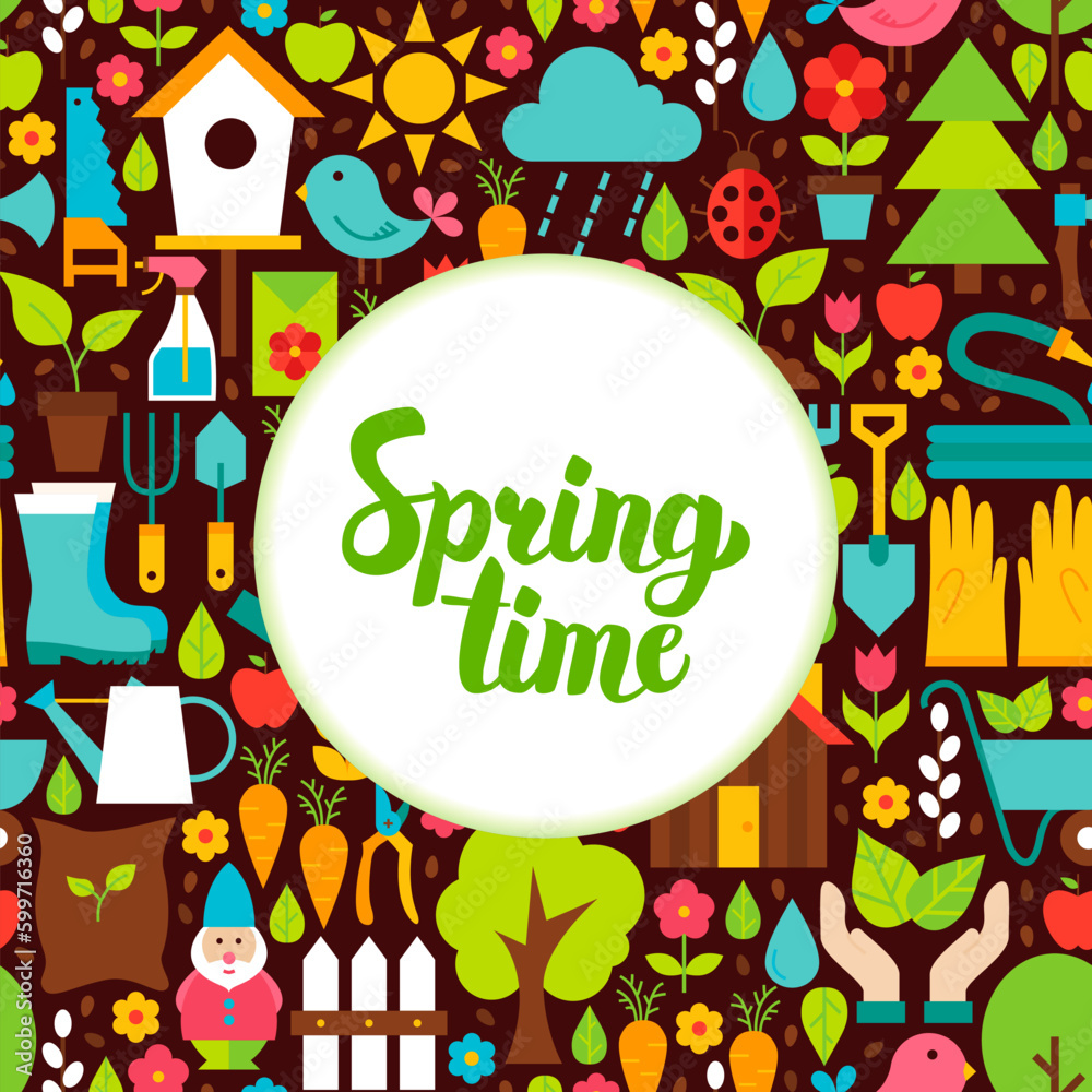 Flat Spring Time Greeting. Vector Illustration of Nature Garden Poster with Handwritten Lettering.