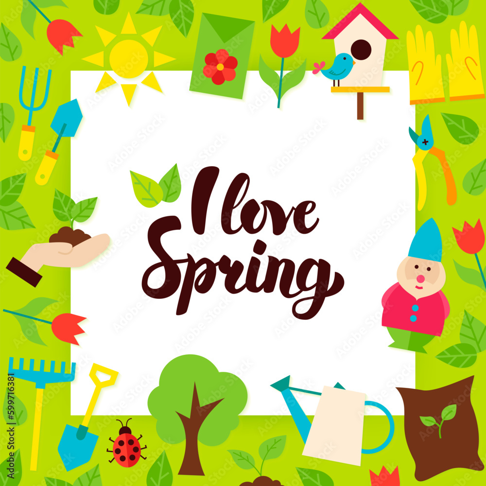 I Love Spring Paper Concept. Vector Illustration Flat Style Nature Garden Poster with Lettering.