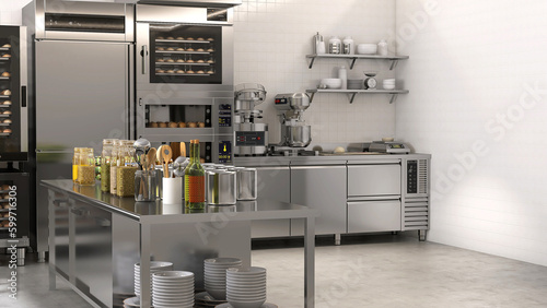 Foto Commercial, professional bakery kitchen and stainless steel convection, bread bu