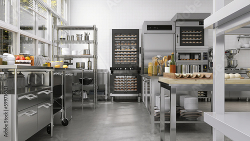 Commercial, professional bakery kitchen and stainless steel convection, deck oven, freezer, refrigerator, table, cart, trolley, shelf bread, bun and ingredient for baking business background 3D © Sue Tansirimas