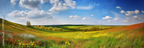 Spring landscape with colorful wildflowers in a green meadow on a blue day  generative ai