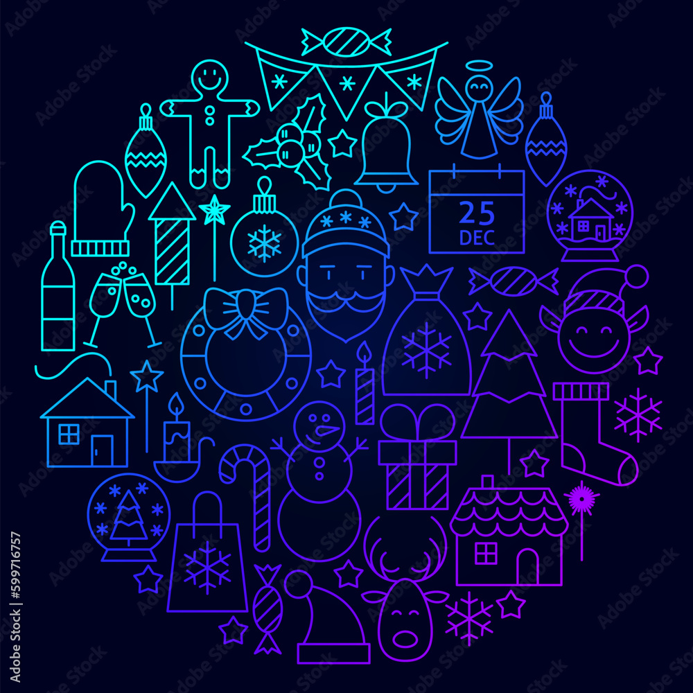 Christmas Line Icon Circle Concept. Vector Illustration of Winter Holiday and Happy New Year Objects.