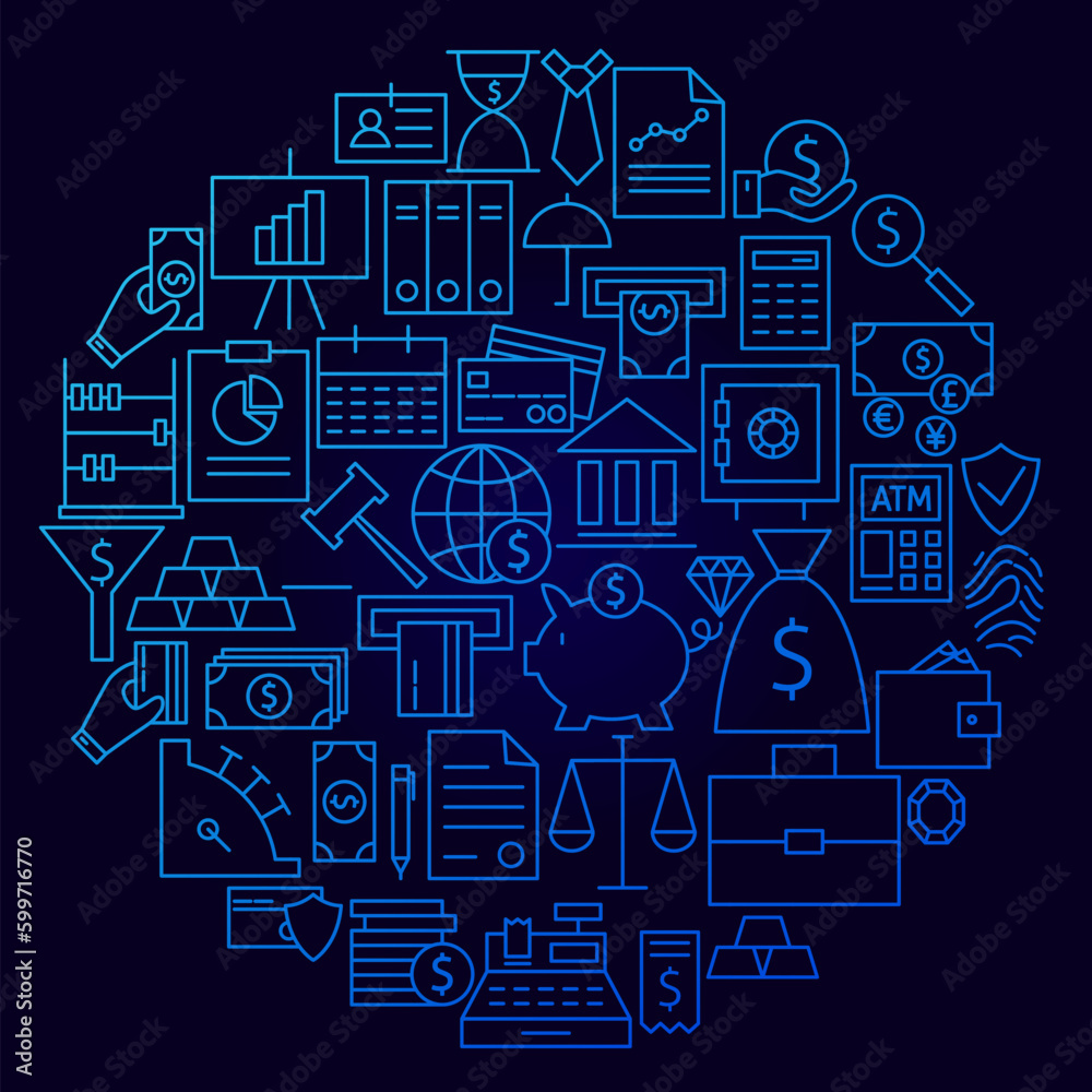 Banking Line Icon Circle Concept. Vector Illustration of Bank and Finance Objects.