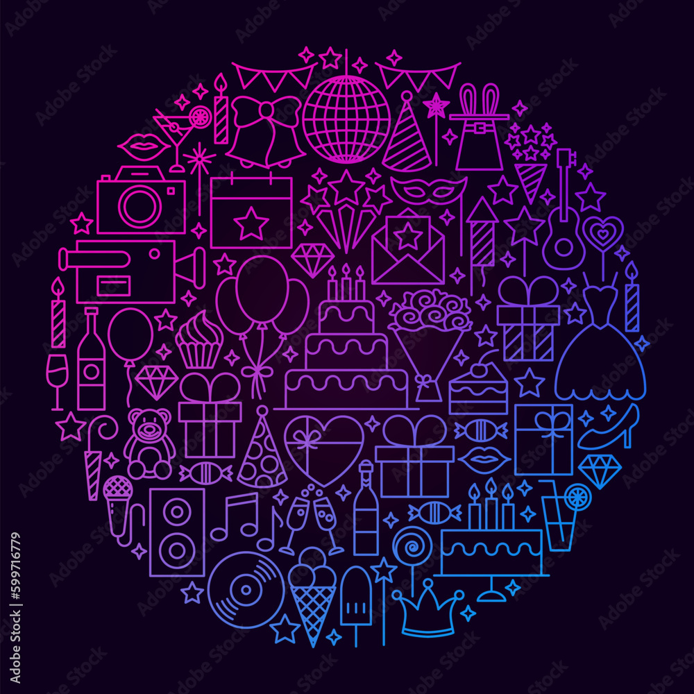 Birthday Line Icon Circle Concept. Vector Illustration of Party Objects.