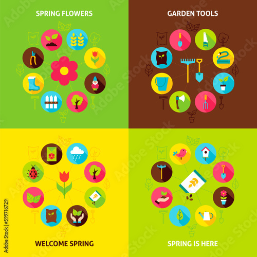 Spring Garden Concepts Set. Vector Illustration of Nature Infographic Circle with Flat Icons.